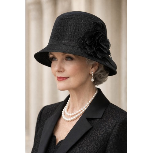 Straw Bucket Hats w/ Flower - Black - HT-HT2332BK